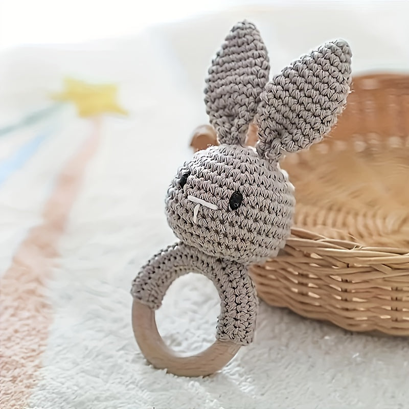 Gray Rabbit Rattle Toy with Wooden Beads Baby Sensory Developmental