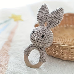 Gray Rabbit Rattle Toy with Wooden Beads Baby Sensory Developmental