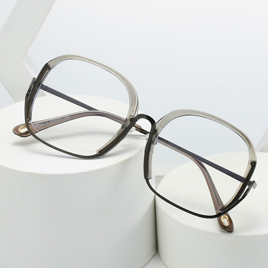 Square Block Semi Rimless Frame Clear Lens Metal Temple Light Blocking Glasses