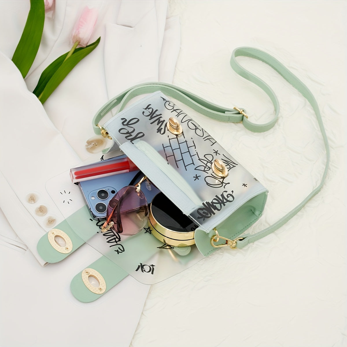 Graffiti Pattern Crossbody Bag Transparent Jelly Shoulder Bag