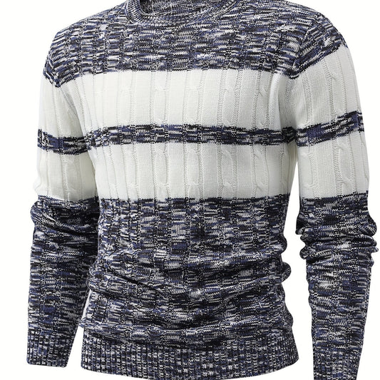 Men's Knitted Block Sweater Round Neck Warm Pullover for Fall Winter