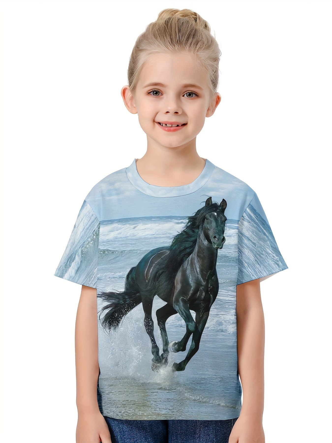 3D Horse On The Beach Graphic Short Sleeve T shirt Boys Girls Summer Pullover