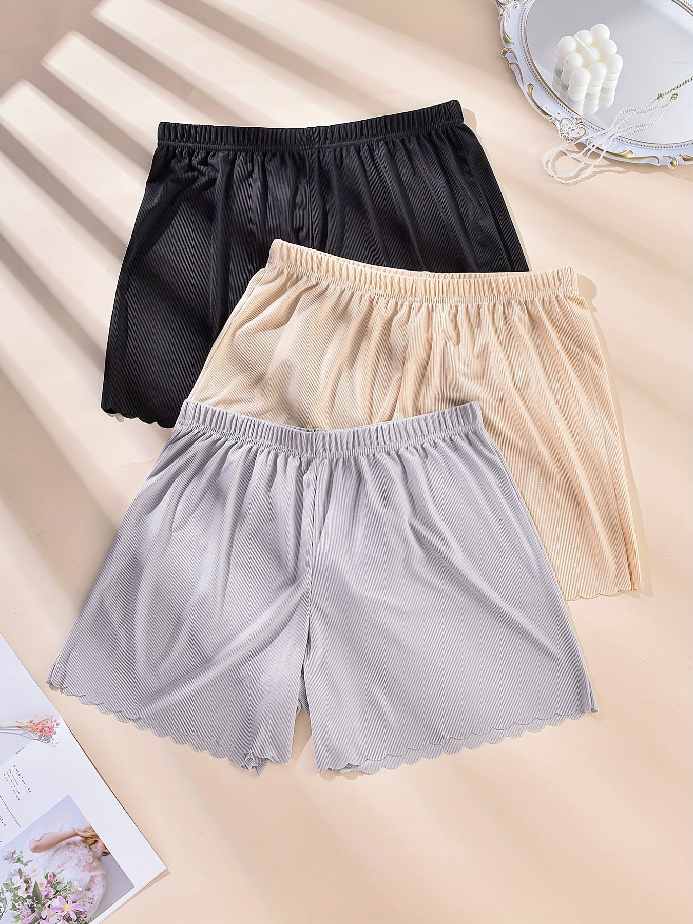 3 Pack Plus Size Ribbed Wave Trim Elastic Waist High Stretch Pajama Shorts