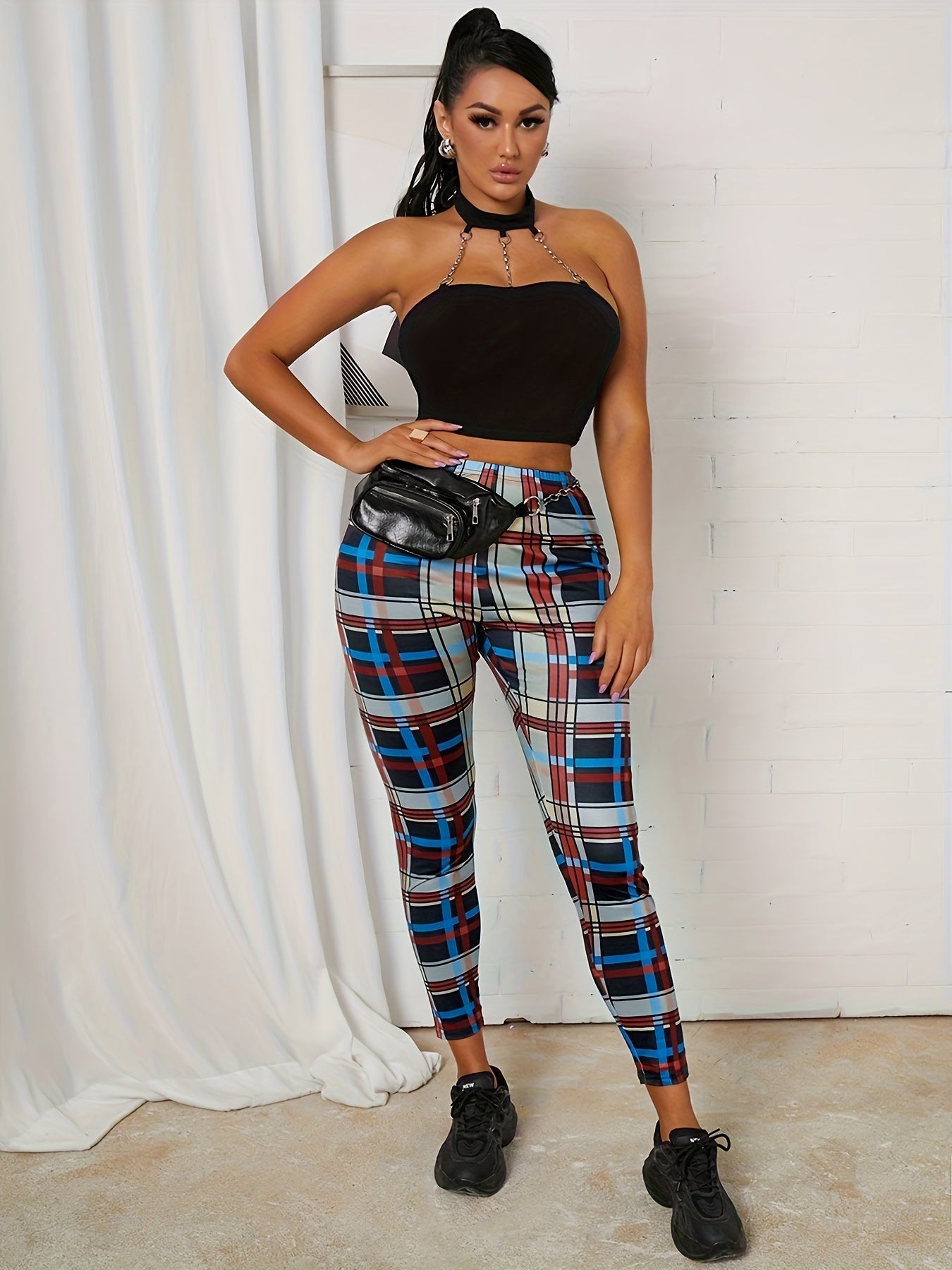  Women's Plaid Print High Rise Skinny Leggings
