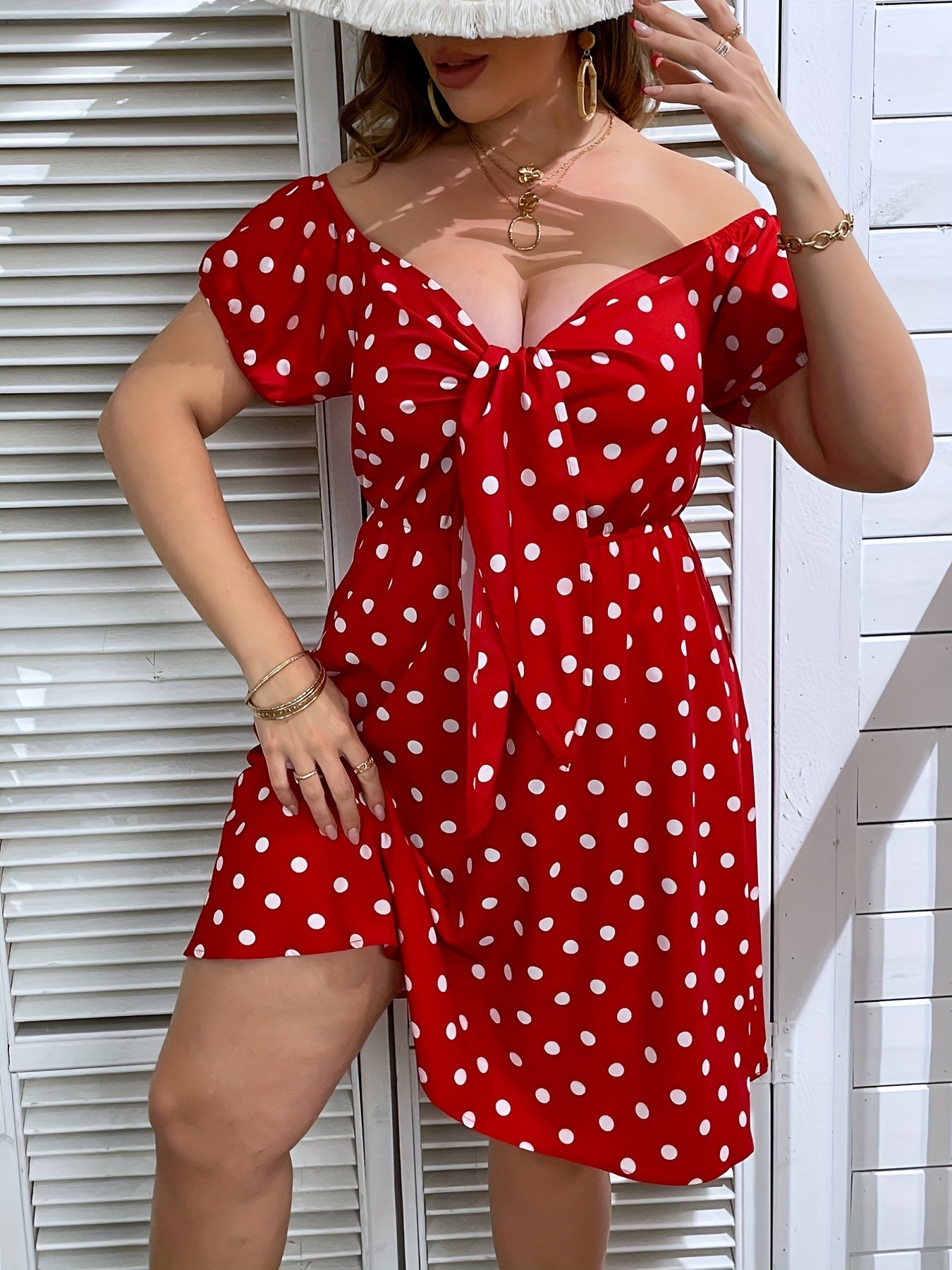  Polka Dot Off Shoulder Midi Dress