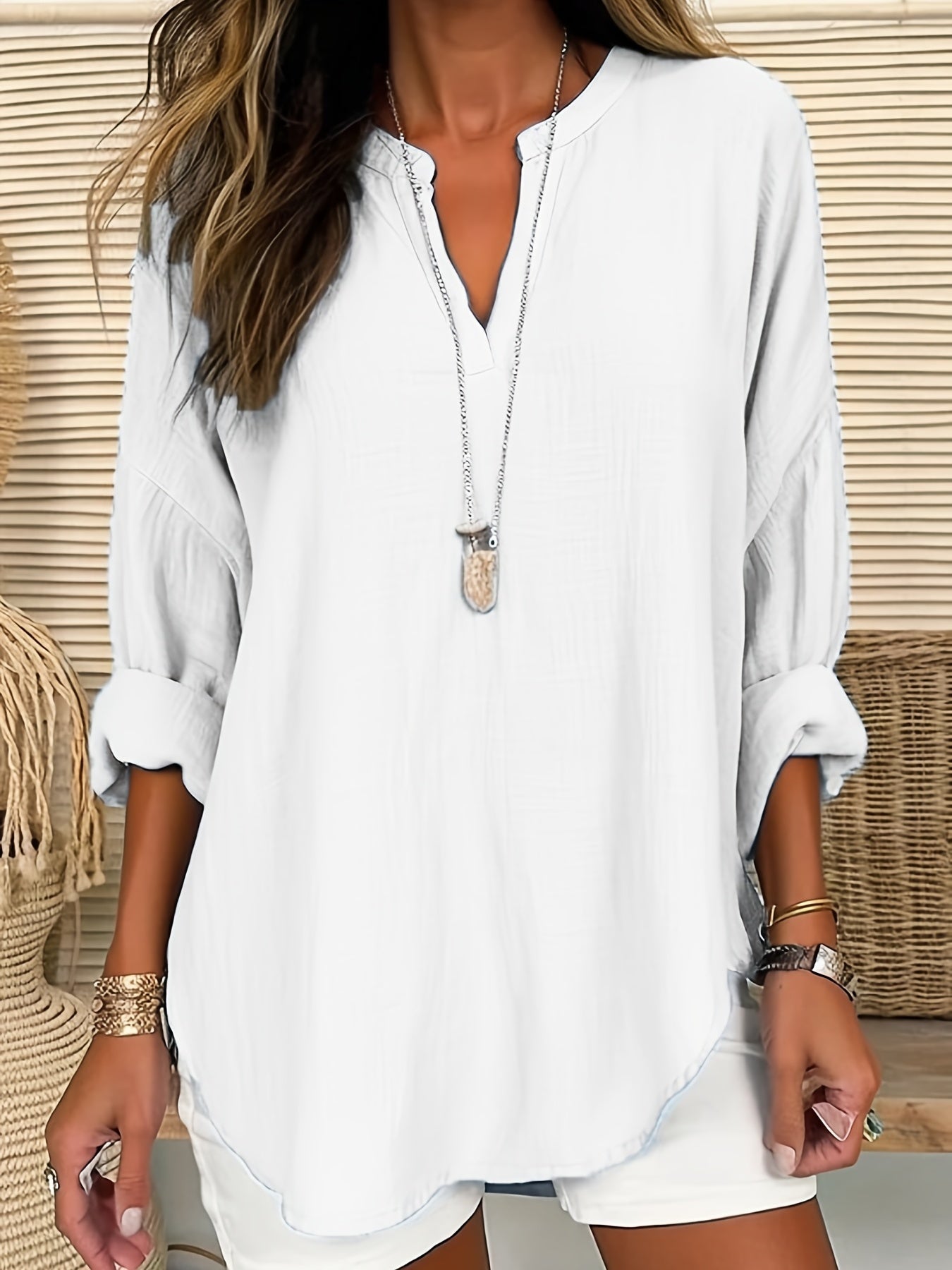 Women's Plus Solid Long Sleeve Notched Neck Tunic Top