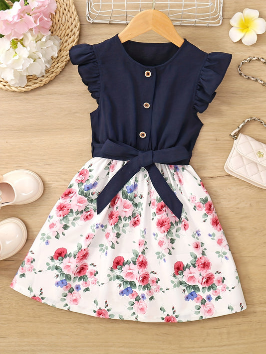 Toddler Girls Ruffled Sleeve Floral Princess Dress for Party Beach Vacation