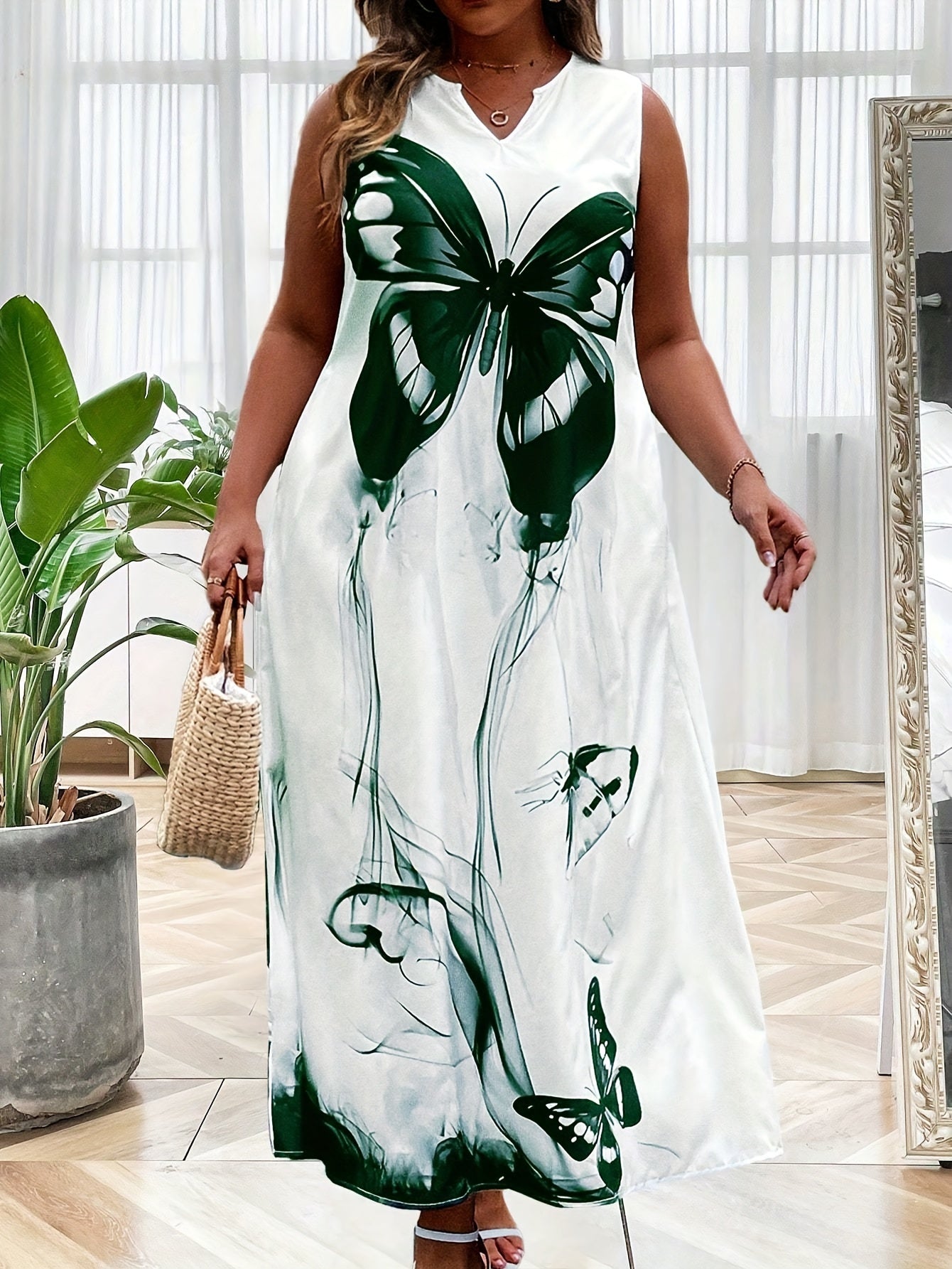  Casual Butterfly Print Notched Neck Stretch Maxi Dress