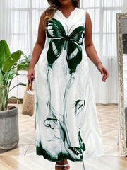  Casual Butterfly Print Notched Neck Stretch Maxi Dress