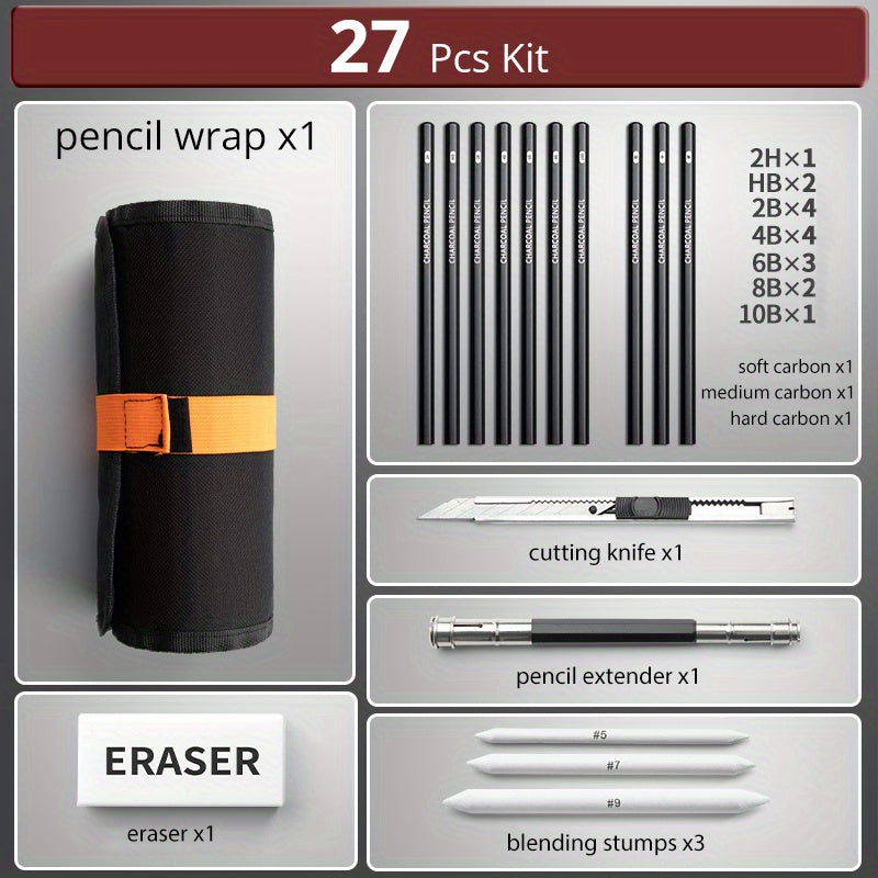 Sketch Pencils Set with Canvas Wrap Bag Drawing Art Supplies