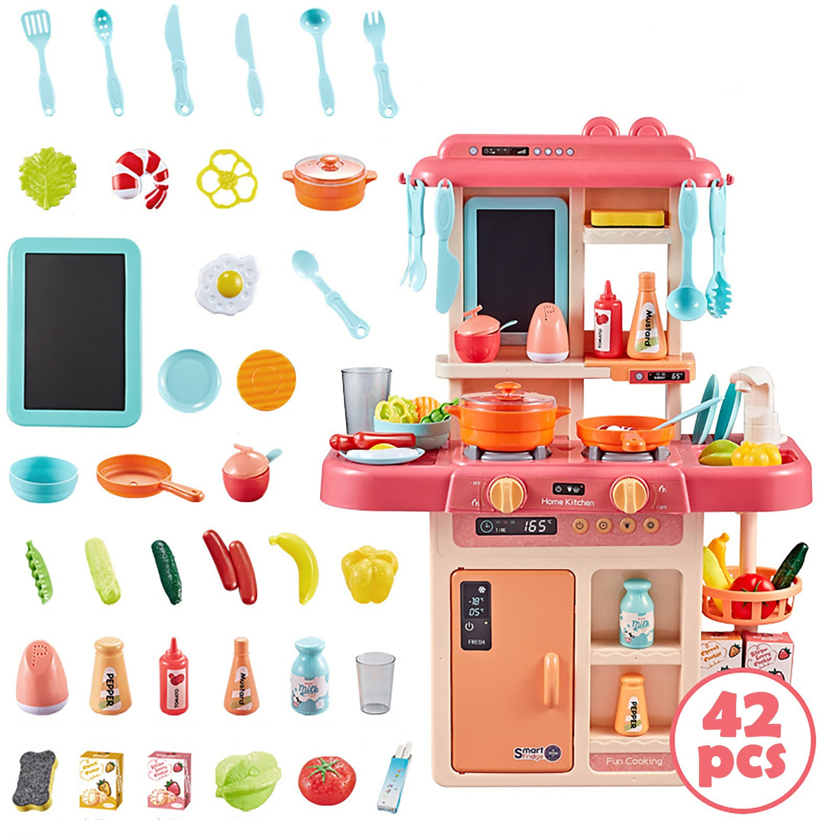 HZMSJ Pink Play Kitchen Set with Microwave Oven and Play Food