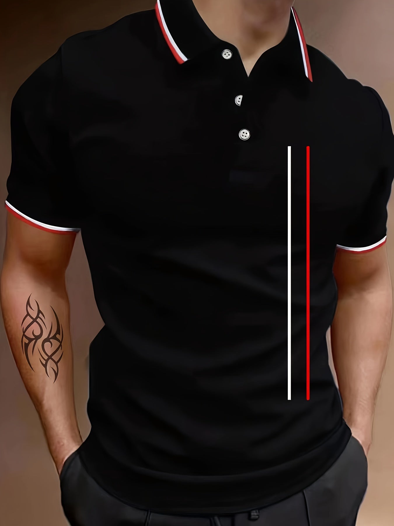 Red Bar Print Men's Golf Short Sleeve Shirts Sports Top