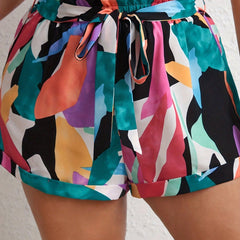  Casual Shorts Women's Contrast Print Ruffle Trim Roll Up Shorts