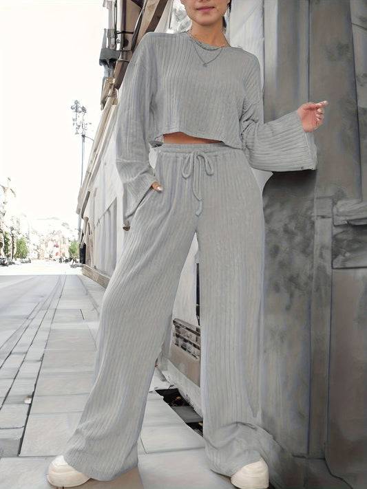  Solid Ribbed Long Sleeve Top & Wide Leg Pants Set