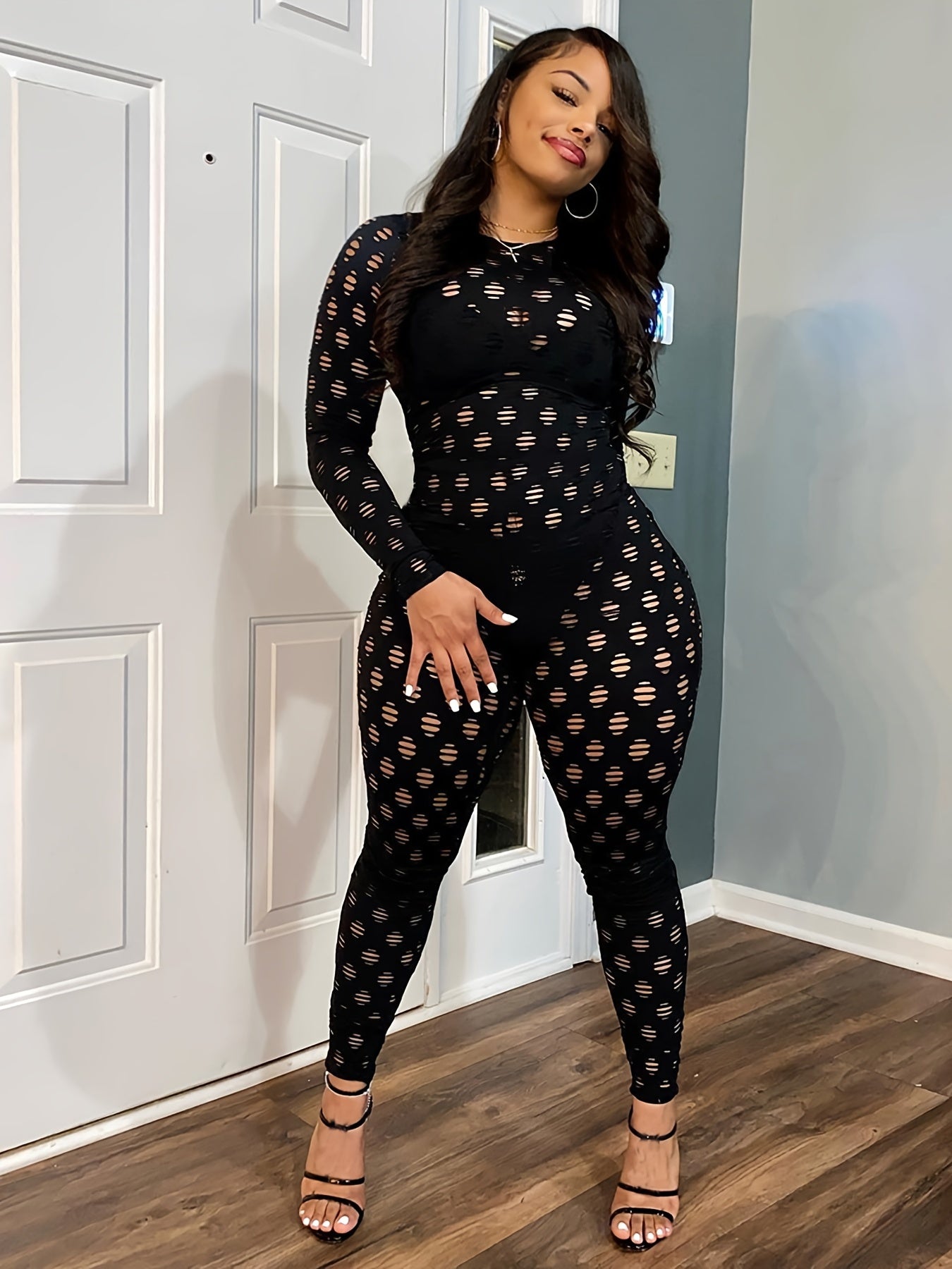 Hollow Zip Back Jumpsuit Sexy Bodycon Long Sleeve Jumpsuit