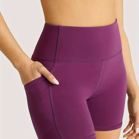 Solid Yoga Shorts With Pocket High Stretch Running Fitness Sports Shorts
