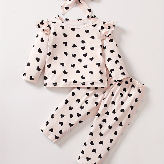 Toddler Girls Heart Print Outfit Ruffle Sleeve T shirt & Trousers & Headband