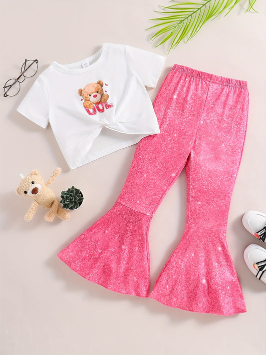 Cartoon Bear Graphic T shirt & Flared Pants Set For Kids