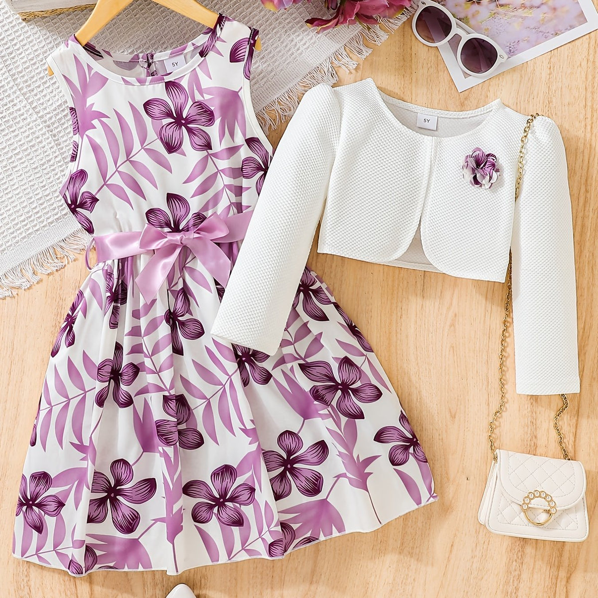 2pcs Boho Floral Dress And Cardigan Set For Little Girls Kids Casual Dresses