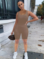 Solid Slim Romper Sexy Sleeveless Crew Neck Workout Romper Women's Clothing