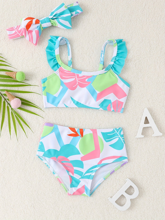 Baby Girl 2pcs Swimsuit Set Crop Cami Top & Shorts With Hair Band