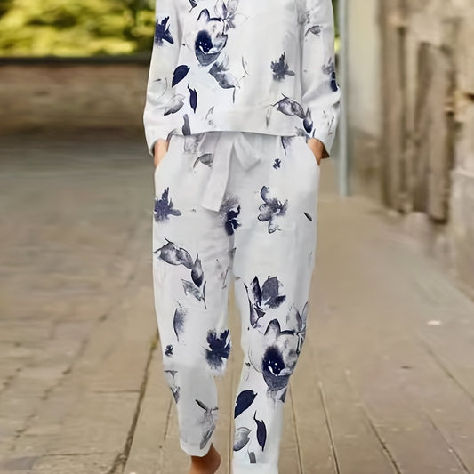Floral Print Boho 2pc Set Top & Pants Outfits Women's Clothing