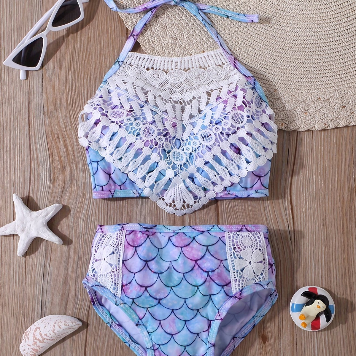 Girls Mermaid Fish Scales Swimsuit Lace Halter Bikini Swimwear