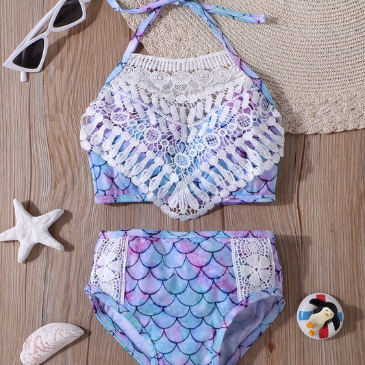 Girls Mermaid Fish Scales Swimsuit Lace Halter Bikini Swimwear