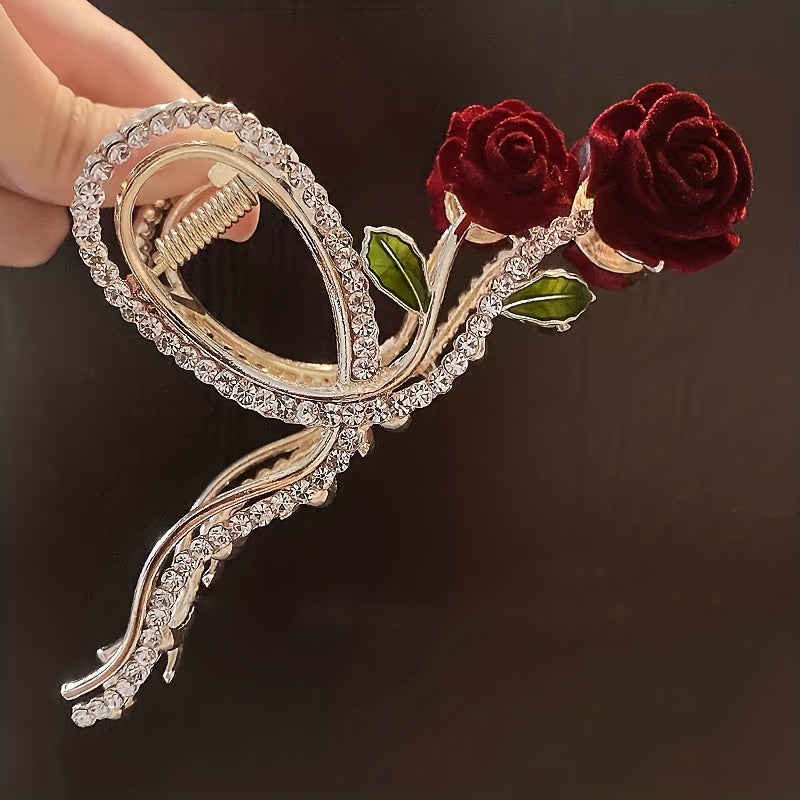 Red Rose Rhinestone Hair Claw Clip Strong Grip Hair Jaw Clip