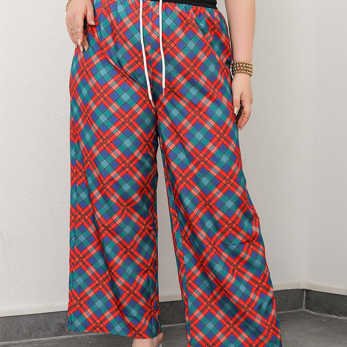  Plaid Print Drawstring Wide Leg Pants