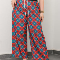  Plaid Print Drawstring Wide Leg Pants
