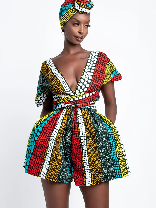 Boho Print Multiple Wear Jumpsuit Ethnic Tie Waist Short Length Jumpsuit Women