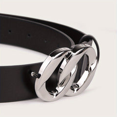 Geometric Double Ring Buckle Belt Stylish Solid PU Leather Belt Girdle