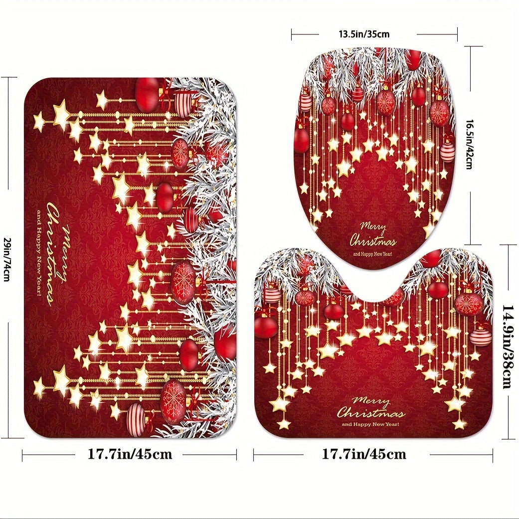 Christmas Star Light Shower Curtain Set with Non-slip Rug and Toilet Mat