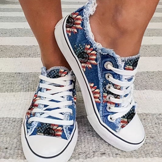 Floral Print Canvas Lace-Up Low Flat Casual Sporty Shoes