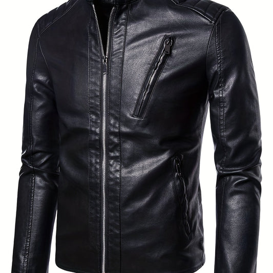 Men's Casual PU Biker Jacket Stand Collar Zipper Pocket Faux Leather Jacket Coat