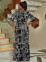  Geometric Print Surplice Neck Maxi Dress