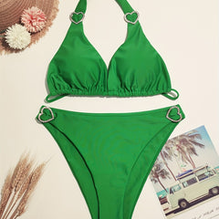  Solid Heart Ring Halter Neck Bikini Set
