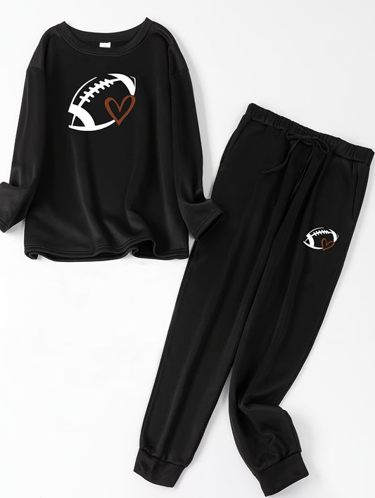 Sporty Lounge Set - Rugby & Heart Print Top & Joggers Pajamas