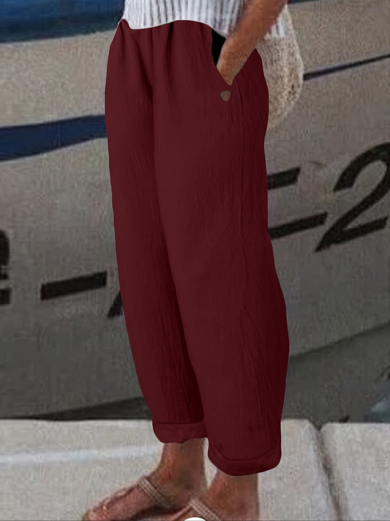 Solid Straight Leg Elastic Waist Pants Casual Dual Pockets Pants