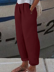 Solid Straight Leg Elastic Waist Pants Casual Dual Pockets Pants