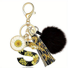 Sunflower Pattern Resin Letter Keychain with Tassel