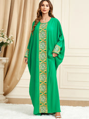  Solid Applique Batwing Sleeve Round Neck Maxi Dress