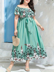 Women's Plus Floral Maxi Dress Off Shoulder With Belt