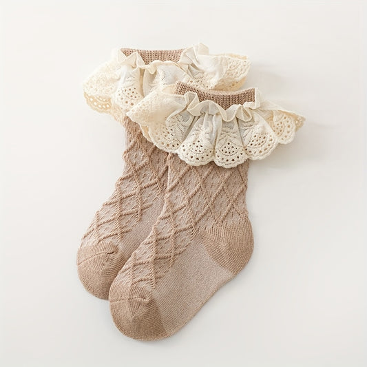 Baby Girls Cotton Argyle Crew Socks Ruffle Lace Decor Spring Autumn