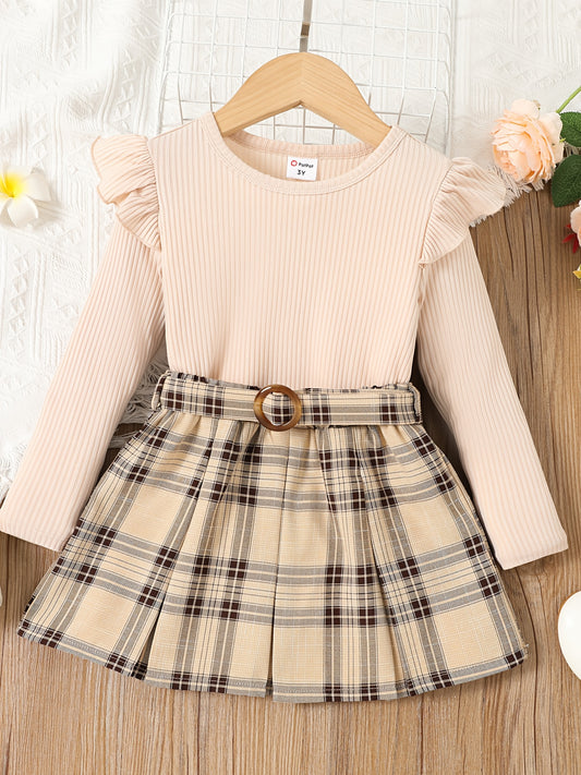 Toddler Girl Plaid Flutter Sleeve Dress & Belt Set