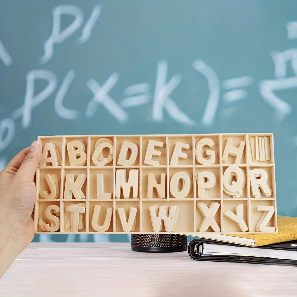 130pc Wooden Craft Letters w/ Storage Tray Natural Blank Unfinished Alphabet