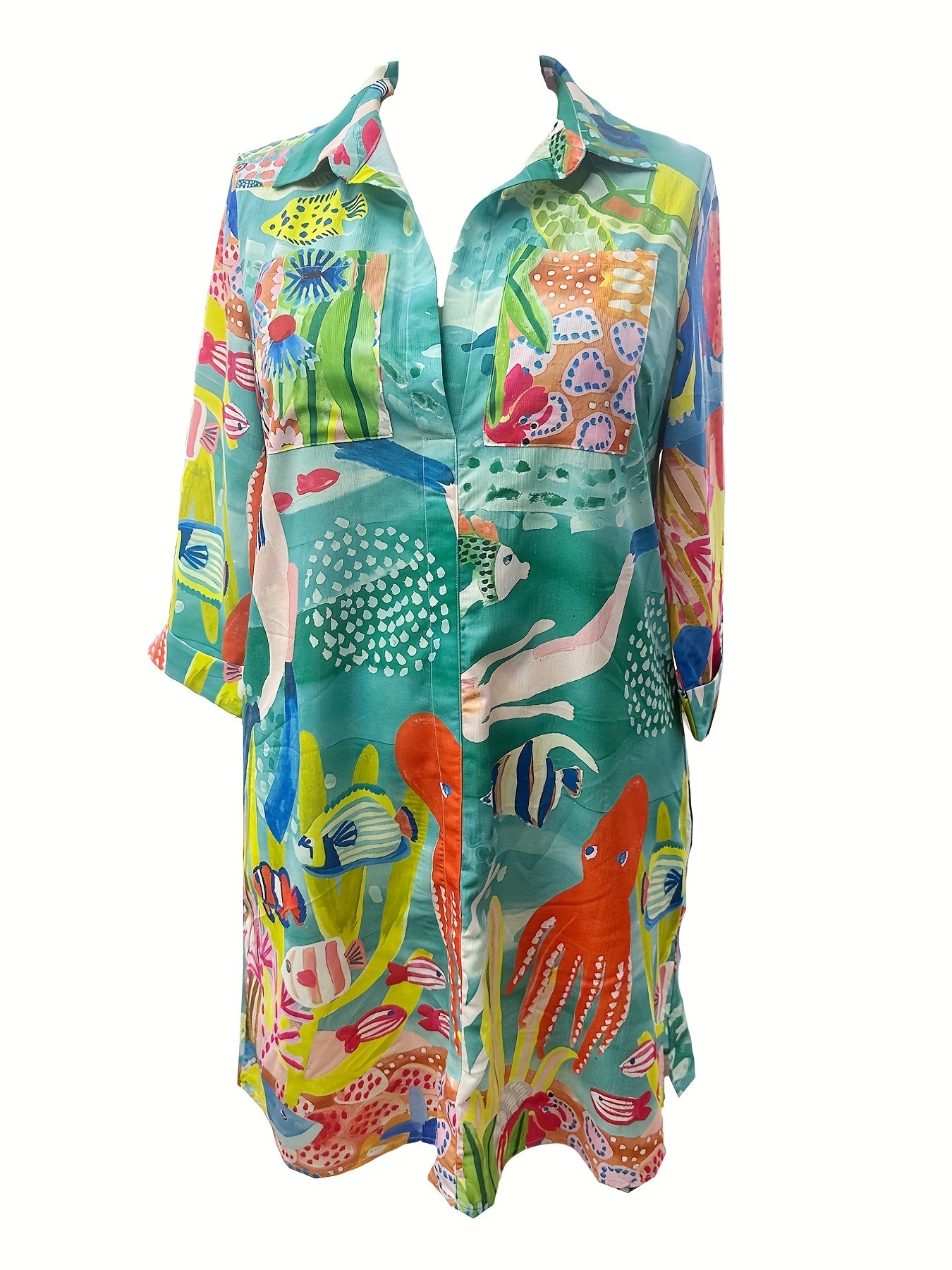  Fish Print Button Up Beachwear Dress