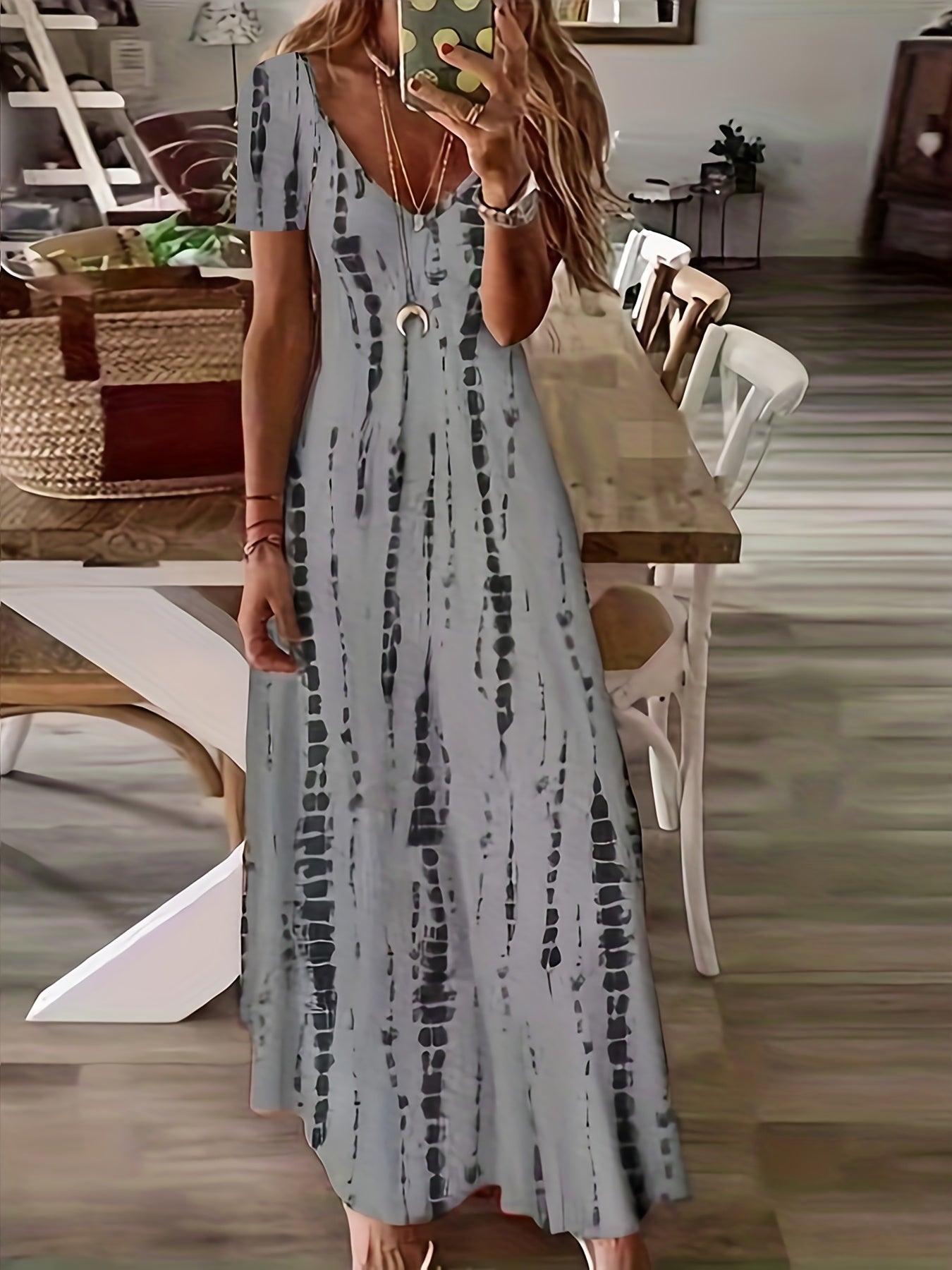  Tie Dye V-Neck Maxi Dress Medium Stretch