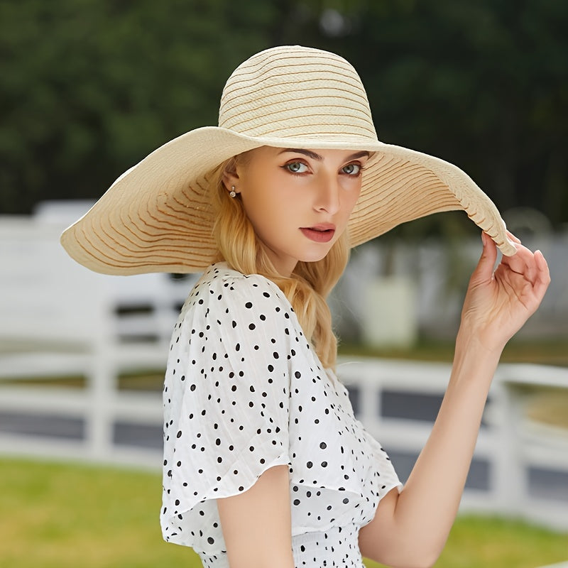 Oversized Brim Khaki Sun Hat Women Straw Beach Travel Cap